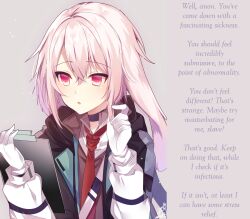  accidental_hypnosis androgynous ansel_(arknights) arknights caption caption_only clipboard clothed femboy gloves glowing glowing_eyes hypnofyre_(manipper) jacket maledom manip omuretsu pink_eyes pink_hair pov pov_sub text tie trap 