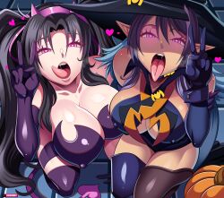 absurdres black_hair breasts cleavage collarbone costume demon_girl elf_ears erect_nipples fake_tail female_only femsub gloves halloween hat heart heart_eyes high_school_dxd horns judith_(tales) kneeling large_breasts long_hair monster_girl open_mouth opera_gloves pumpkin purple_hair ring_eyes serafall_leviathan stevechopz symbol_in_eyes tales_of_(series) tales_of_vesperia thighhighs tongue tongue_out twintails v watermark witch witch_hat