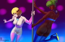 blonde_hair boogars boots bottomless breasts clothed_exposure collar dark_skin empty_eyes expressionless female_only femsub green_eyes green_hair headband pole_dancing pubic_hair purple_eyes short_hair tech_control thigh_boots thighhighs topless unhappy_trance