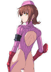  annie_barrs arm_bands ass bracers brown_hair corruption earrings empty_eyes enemy_conversion female_only femsub fingerless_gloves gloves hai_(h81908190) hand_on_hip hat leotard looking_at_viewer looking_back military_hat shadaloo_dolls short_hair simple_background solo standing tales_of_(series) tales_of_rebirth white_background yellow_eyes 
