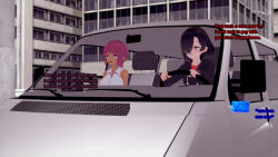 3d black_hair clothed dark_skin english_text female_only femdom femsub hair_covering_one_eye happy_trance hoodie mantra multiple_girls open_mouth pink_eyes pink_hair red_eyes short_hair shrunken_irises smirk sonrio12 text