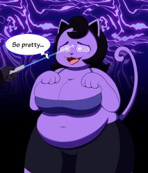 absurdres bbw bra breasts cat_girl catty_(undertale) cleavage dr._chaos fat femsub furry happy_trance hypnotic_beam hypnotic_light large_breasts laser_pointer open_mouth smile spiral_eyes symbol_in_eyes tech_control text undertale underwear