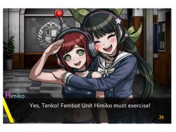 ai_art antenna dangan_ronpa dialogue fembot green_eyes happy_trance headphones himiko_yumeno hug night_fire_(generator) saluting spiral_eyes tenko_chabashira