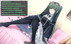  aliensdideverything_(manipper) assertive_sub bed blush consensual dialogue empty_eyes female_only female_pov femdom femsub frills green_eyes green_hair hair_band happy_trance long_hair looking_at_viewer manip pov_dom ribbon sitting smile text thighhighs 