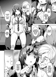 bra breasts clothed_exposure comic date drool empty_eyes evil_smile expressionless femsub greyscale large_breasts long_hair maledom open_mouth original panties resisting school_uniform short_hair sitting_on_lap smile tech_control text underwear undressing