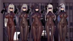  3d ahoge ak-12_(girls_frontline) ak-15_(girls_frontline) an-94_(girls_frontline) angelia_(girls_frontline) arigeta blush bodysuit character_request clothed_exposure collar crotch_tattoo cuffs drone female_only femsub fingerless_gloves girls_frontline gloves hair_covering_one_eye koikatsu! large_breasts latex long_hair looking_at_viewer multiple_girls multiple_subs navel nipple_piercing nipples opera_gloves piercing ponytail pussy rubber see-through silver_hair smile standing straight-cut_bangs tech_control twin_braids very_long_hair visor white_hair wide_hips 