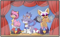  amy_rose ass bat_girl bat_wings blaze_the_cat breasts cat_girl femsub furry hedgehog_girl manip nipples nude oscar044_(manipper) ponytail pussy rouge_the_bat ruffiannsfw smile sonic_the_hedgehog_(series) spiralwash_eyes stage_hypnosis standing topless 