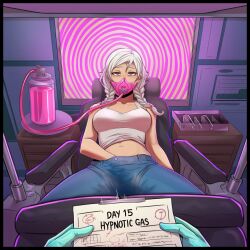 ai_art aphrodisiac bed clipboard clothed comic empty_eyes english_text expressionless femsub gas_mask gloves hypnotic_gas hypnotic_screen hypnovember maledom masturbation masturbation_command mrchypno_(generator) pink_eyes squirting text twintails white_hair