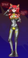 alternate_costume animal_ears aura black_eyes bodysuit breast_fondling breasts cleo_(bh_cleo) clothed costume dialogue dr_eggman dronification enemy_conversion english_text eyeshadow female_only femsub fox_ears glowing_eyes holding_breasts hy2300 large_breasts makeup original red_eyes red_hair solo sonic_the_hedgehog_(series) speech_bubble text tight_clothing uniform