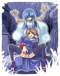 aura blonde_hair blue_hair body_control breasts cameltoe dress drool empty_eyes erect_nipples erect_nipples_under_clothes female_only femdom femsub fingering high_heels human_puppet large_breasts marionette_(ragnarok_online) masturbation nail_polish nun outdoors panties priest_(ragnarok_online) puppet ragnarok_online red_eyes sakakura_(sariri) shoes sitting spread_legs tears thighhighs trees very_long_hair wings