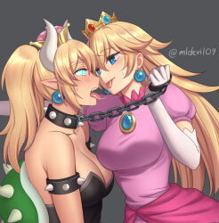  blonde_hair blush bowsette chains collar crown dress drool earrings femdom femsub jewelry kissing large_breasts leash long_hair manip misterman4_(manipper) multiple_girls mylovelydevil new_super_mario_bros._u_deluxe nintendo open_mouth opera_gloves ponytail princess princess_peach super_crown super_mario_bros. sweat tagme tongue_out yuri 
