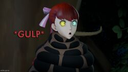  3d bangs blue_eyes coils dazed disney eh female_only femsub hair_ribbon heterochromia jungle kaa kaa_eyes multicolored_hair persona_(series) persona_5 persona_5_royal ponytail purple_hair red_hair resisting restrained snake solo sumire_yoshizawa tank_top text the_jungle_book trees weak_resistance yellow_eyes 