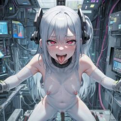  ai_art bare_shoulders blush bodysuit censored collar corruption empty_eyes erect_nipples erect_nipples_under_clothes eye_roll femsub gloves headphones kneeling kuye_wu_(generator) long_hair monitor navel open_mouth opera_gloves red_eyes see-through sharp_teeth side_ponytail silver_hair small_breasts sweat tears tech_control tongue tongue_out vaginal 