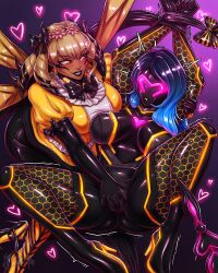 arms_above_head bee_girl blue_hair femdom femsub final_fantasy final_fantasy_xiv glowing heart honey_b._lovely long_hair multicolored_hair orange_eyes original spacen'cake spread_legs wings