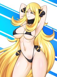  bikini blonde_hair breasts cleavage clothed_exposure cynthia female_only femsub hair_covering_one_eye hair_ornament happy_trance icontrol_(manipper) large_breasts manip micro_bikini navel nintendo pokemon pokemon_diamond_pearl_and_platinum slimysoap smile solo spiral_eyes swimsuit symbol_in_eyes very_long_hair wink 