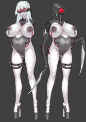 amputee blush cables camera claws dildo femsub garter grey_background haydee haydee_(game) high_heels long_hair nipple_piercing nipples open_mouth pregnant simple_background standing tech_control topless vaginal visor weapon white_hair wires yakou