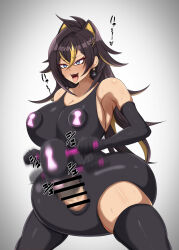  animal_ears armpits bare_shoulders black_hair blue_eyes blush boots breasts brown_hair chastity cleavage dark_skin dehya_(genshin_impact) earrings empty_eyes futanari futasub genshin_impact gloves glowing gradient_background happy_trance high_heels huge_breasts huge_cock japanese_text kuromaru large_breasts leotard long_hair m.u.g.e.n. masturbation multicolored_eyes multicolored_hair open_mouth opera_gloves pasties penis sex_toy simple_background spread_legs sweat swimsuit thigh_boots thighhighs tongue tongue_out type_96 vibrator white_background 