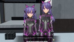  3d breasts cuffs custom_maid_3d_2 cyber-sexaroid_(dndniwana3s) dialogue empty_eyes erect_nipples erect_nipples_under_clothes expressionless fake_animal_ears female_only femsub headphones japanese_text large_breasts looking_at_viewer microphone multiple_girls multiple_subs original purple_eyes purple_hair side_ponytail sisters smile standing standing_at_attention swallow774 twintails 