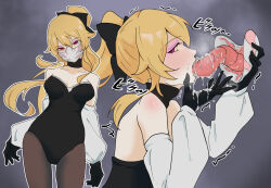  alternate_costume blonde_hair collar cum cum_in_mouth deepthroat empty_eyes face_mask femsub genshin_impact gloves hair_ribbon jean_gunnhildr leggings leotard living_costume maysomehowbe parasite ponytail possession red_eyes short_hair tentacle_in_mouth tentacles text 