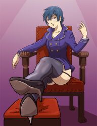  animated animated_gif blue_hair bottomless breasts chair female_only femdom finger_snap garter_straps high_heels looking_at_viewer naoto_shirogane persona_(series) persona_4 pov pov_sub seizure_warning short_hair sleepystephbot thighhighs 