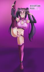  absurdres black_hair breasts cleavage cleavage_cutout expressionless female_only femsub gradient_background hair_ribbon high_school_dxd large_breasts navel saluting serafall_leviathan simple_background smeef solo standing_split tech_control text thighhighs twintails unhappy_trance visor 