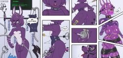  absurdres bulge bunny_boy bunny_ears butt_plug chastity clothed_exposure collar comic corset dialogue dressing embarrassed english_text eyelashes eyeshadow furry gag malesub mechanical_arm metiore midriff navel navel_piercing nipple_piercing nipples nose_piercing penis piercing puckered_lips purple_hair purple_skin red_eyes ring_gag short_skirt skirt speech_bubble text thong undressing 