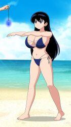 absurdres barefoot beach bikini black_hair blue_eyes cleavage crystal empty_eyes expressionless female_only femsub glowing huge_breasts jimryu nagi_arato navel pendulum ruri_rocks solo swimsuit very_long_hair zombie_walk