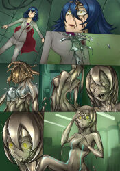 absurdres blood blue_hair breasts brown_hair comic death femsub glowing glowing_eyes goo_girl ibenz009 large_breasts monster_girl original robotization slime transformation wounds