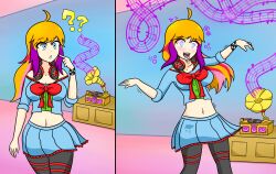  ahegao ahoge before_and_after bow crop_top dancing dress drool femsub happy_trance headphones hypnotic_audio hypnotic_music long_hair midriff multicolored_hair open_mouth orange_hair original skirt sortish tongue tongue_out vi_(vynil) 