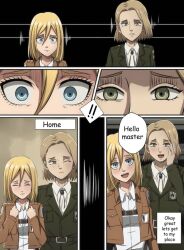 attack_on_titan blonde_hair blue_eyes brown_hair clothed comic empty_eyes english_text femsub green_eyes happy_trance historia_reiss hitch_dreyse jacket liaxox military_uniform multiple_girls open_mouth ribbon short_hair smile text 