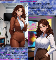  absurdres ai_art before_and_after breasts brown_hair business_suit caption dialogue dress_shirt expressionless female_only femsub green_eyes gregory_michelson_(generator) hand_on_hip large_breasts long_hair looking_at_viewer maledom manip mantra pants sexism shirt text 