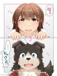 blue_eyes body_swap brown_eyes brown_hair confused dog eyelashes mikazuki162 paws speech_bubble tongue_out 