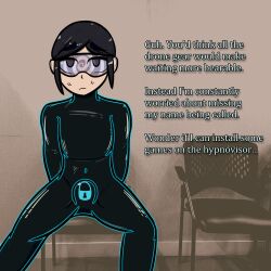  arms_behind_back black_hair bodysuit bulge chair consensual drone eye_roll eyebrows_visible_through_hair glowing grey_eyes iris_azure latex non-binary non-binary_sub null_bulge original self_hypnosis short_hair sitting solo spiral spread_legs tech_control text tight_clothing trance_delightful visor 