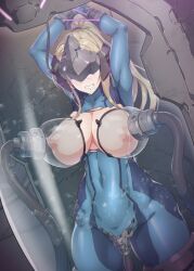  bodysuit cuffs drool erect_nipples exposed_chest female_only femsub hypnotic_light hypnotic_screen lactation large_breasts manacles metroid_(series) milking milking_machine navel nelofox nintendo restrained samus_aran solo tech_control thick_thighs tight_clothing torn_clothes visor zero_suit 