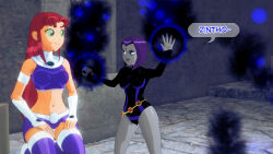 aware clothed dc_comics dialogue dogdog english_text female_only floating goth green_eyes grey_skin magic purple_eyes purple_hair raven red_hair starfire text