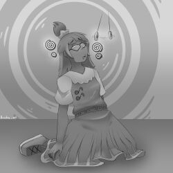  brushie_art dress drool female_only femsub glasses greyscale kneeling open_mouth pendulum shoes simple_background solo spiral spiral_eyes 
