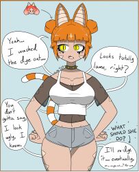 bare_legs before_and_after body_markings border breasts cat_girl choker cleavage collarbone comic dialogue eyebrows_visible_through_hair female_only femsub hair_buns hand_on_hip large_breasts mascara midriff orange_hair original reimiko_(sobergin) short_hair short_shorts shorts signature sobergin solo speech_bubble standing tan_skin tank_top text yellow_eyes