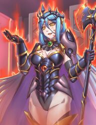 alternate_costume anankos_(fire_emblem) armor aura axe azura blood blue_hair breasts cleavage corruption crown evil_smile femsub fire_emblem fire_emblem_fates gloves glowing happy_trance leebigtree long_hair nintendo open_mouth possession smile thighhighs thighs weapon yellow_eyes