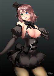 belt bow bow_tie breasts brown_hair cleavage empty_eyes femsub final_fantasy final_fantasy_x gloves goth gradient_background hadant happy_trance hat heterochromia large_breasts lipstick looking_at_viewer makeup opera_gloves pantyhose purple_lipstick short_hair signature simple_background smile solo yuna