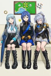  ai_art aiguillette aoi_sakurada belt blue_eyes blue_hair boots chains choker closed_eyes couch dazed epaulettes femsub fwuffycocoa_(generator) hand_on_head hypnotic_object hypnotic_orb jacket joukamachi_no_dandelion large_breasts long_hair military_uniform miniskirt multiple_girls multiple_subs original parasol pendulum silver_hair sitting 