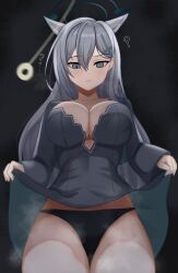  absurdres animal_ears blue_archive blush breasts cleavage coin confused dress_lift empty_eyes expressionless female_only femsub grey_eyes grey_hair hair_ornament halo hellz_(provisional) heterochromia large_breasts panties pendulum shiroko_(blue_archive) solo steam 