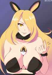  absurdres blonde_hair breasts bunny_ears bunny_girl bunnysuit cleavage cynthia fake_animal_ears female_only femdom hair_covering_one_eye holding_breasts icontrol_(manipper) large_breasts long_hair looking_at_viewer manip nintendo pokeball pokemon pokemon_diamond_pearl_and_platinum smile solo sowilo spiral_eyes symbol_in_eyes 