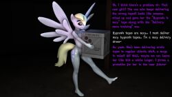 3d barefoot black_background blonde_hair bottomless breasts caption cuddlycarlos derpy_hooves dialogue female_only femsub furry grey_skin hair_covering_one_eye horse_girl large_breasts my_little_pony nude smile spiralwash_eyes standing tattoo text topless wings
