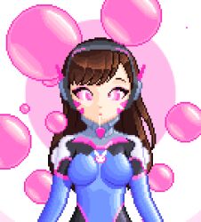  animated animated_gif bangs bodysuit brown_hair bubble crossed_eyes d.va drool fabius face_paint female_only femsub headphones latex long_hair open_mouth overwatch pink_eyes pixel_art ring_eyes simple_background solo 