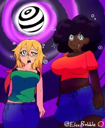 afro black_hair blonde_hair breasts cat_nap_(hypnolordx) cleavage clothed dark_skin dazed drool elecbabble female_only femsub glasses glowing happy_trance hope_(hypnolordx) hypnotic_object hypnotic_orb large_breasts long_hair multiple_girls multiple_subs navel open_mouth ring_eyes shorts smile spiral spiral_background symbol_in_eyes