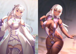  before_and_after breast_expansion breasts corruption dark_elf dark_skin elf elf_ears emilia_(re:zero) happy_trance haryudanto large_breasts long_hair pink_eyes re:zero_starting_life_in_another_world straight-cut_bangs tagme white_hair 