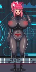 blush bodysuit cameltoe collar complex_background control_indicator crotch_tattoo drone empty_eyes erect_nipples erect_nipples_under_clothes femsub frozen_gingasan gunslinger_stratos hair_ornament huge_breasts kyoka_katagiri latex long_hair looking_at_viewer nipples open_mouth pink_hair progress_indicator red_eyes rubber see-through side_ponytail standing standing_at_attention tech_control text thick_thighs tight_clothing wide_hips