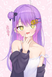  bangs camisole drool femsub flat_chest green_eyes hair_ornament happy_trance hololive omiyatei open_mouth pendulum piercing pink_background purple_hair ribbon spiral_eyes tank_top virtual_youtuber 
