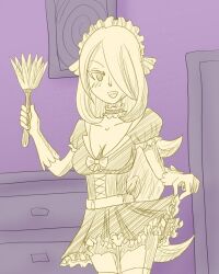  blush choker collarbone cynthia feather_duster female_only femsub gloves hair_covering_one_eye long_hair looking_at_viewer maid maid_headdress mythkaz nintendo open_mouth pokemon pokemon_diamond_pearl_and_platinum short_skirt sketch skirt smile solo spiral_eyes standing tagme thighhighs 