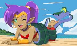  absurdres barefoot beach blush breasts cleavage coils crossover dark_skin disney elf_ears feet femsub foot_licking forked_tongue genie happy_trance hypnotic_eyes kaa kaa_eyes legs_up licking long_tongue lying maledom one_eye_open outdoors ponytail purple_hair rubio515 shantae shantae_(series) smile snake story the_jungle_book tongue tongue_out wayforward 